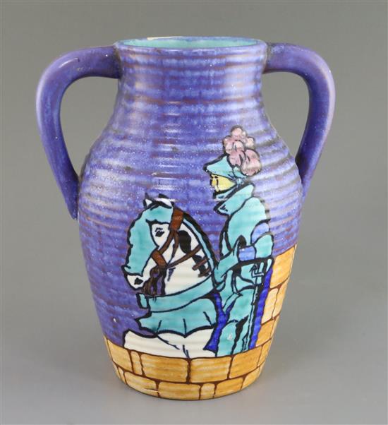 A Clarice Cliff Knight Errant Inspiration lotus jug, c.1930, height 29.5cm, damaged